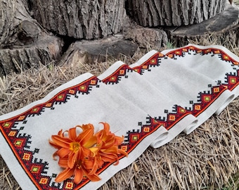 Hand Embroidered Ukrainian Table Runner, Linen Cross Stitch, 54x13 Inch
