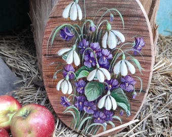 Hand Painted Floral Wood Slice, Snowdrops & Violets, Cottagecore Wall Art