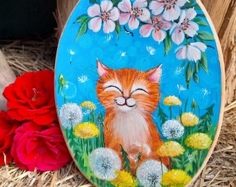 Hand Painted Cat Wood Slice, Smiling Ginger Tabby Kitten with Dandelions, Floral Wall Art