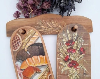 Hand-Painted Ukrainian Landscape Cutting Board Set, Decorative Kitchen Art, Bread boards