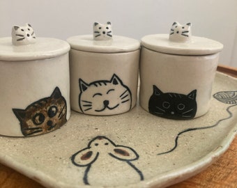 Cat ceramic cups  with lids, A set of white cat, brown cat and black cat pottery Handmade in Australia Handmade pottery