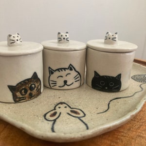 Cat ceramic cups  with lids, A set of white cat, brown cat and black cat pottery Handmade in Australia Handmade pottery