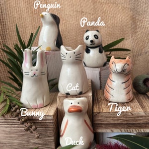 Könnte beinhalten: Eine Sammlung von Keramik-Tierfiguren, darunter ein Pinguin, ein Panda, ein Hase, eine Katze, eine Ente und ein Tiger. Jede Figur ist handbemalt mit detaillierten Merkmalen und leuchtenden Farben. Die Figuren werden auf Holzblöcken ausgestellt, mit den Namen der Tiere darauf.