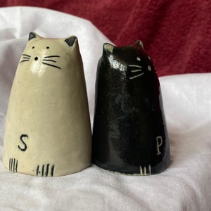 Handmade Cat's Salt & Pepper Shakers Set of Two Black White stoneware - Made in Australia