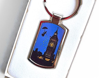 Mary Poppins Keyring Blue – Metal with Lino Print Image including Big Ben. Gift Boxed.