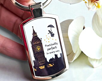 Perfect Poppins Keyring – Metal with Lino Print Image and quote Practically Perfect in Every Way. Gift Boxed.