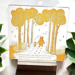 Piglet & Pooh Quote Suncatcher - orange lino print with Winnie the Pooh "Keep me in your heart, I'll be there Forever" friendship message.