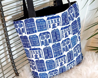 Houses Linocut Tote Bag - with double sided Delft style lino print image. 32 x 30 cm bag, durable & machine washable. A stylish gift.