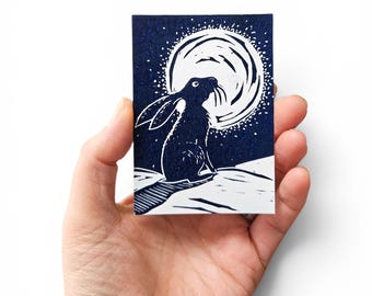 Moon Gazing Hare Linocut ACEO - Artist Trading Card. Unique Lino Print with Certificate