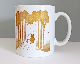 Pooh & Piglet Mug - linocut image of the two friends and a friendship quote "If there ever comes a day... keep me in your heart..."