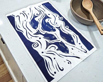 Swimming Fish Tea Towel - A striking touch of ocean style for your kitchen. Lino Print Design. Soft Waffle-weave.