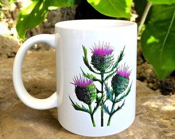 Taza de Cardo: preciosa, representa la valentía, la fuerza y la determinación. Flor nacional de Escocia. Doble cara, apta para lavavajillas.
