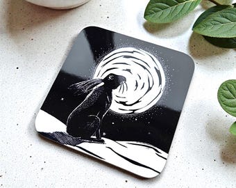 Moon Gazing Hare Coaster - High Gloss Surface with Blue Lino Print of Winter Scene.