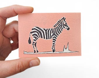 Zebra Linocut ACEOs - Quirky Artist Trading Cards With Authenticity Certificate in Pink and Green