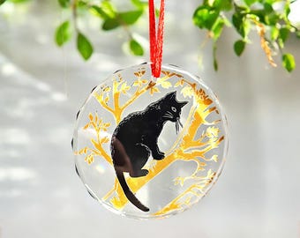 Atrapasol de Gato Negro: preciosa decoración colgante y adorno de vidrio linograbado. Adorno elegante, ideal para amantes de los gatos y dueños de mascotas.