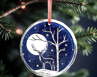 Adorno de cristal Ciervo y Luna – Atrapasol de linóleo, elegante decoración navideña