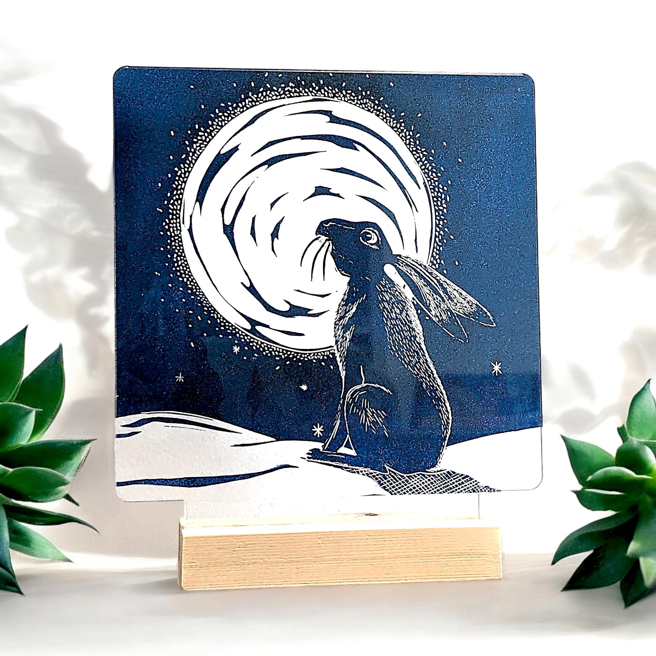 Moon Gazing Hare Art - Whimsical, Blue Lino Print on Acrylic. Looks ...