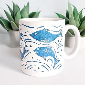 Fish Linocut Mug - With a Striking Turquoise and White Design. Great House Warming Gift & Father's Day Gift for Lovers of the Ocean and sea.