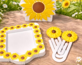 Set de escritorio Girasol: bloc de notas, portalápices y clips