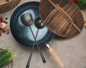 Zhensanhuan Hand Hammered Iron Wok Stir Fry Pans, Nonstick, No Coating,  Flat Bottom, Induction Suitable, 章丘铁锅for Small Family 