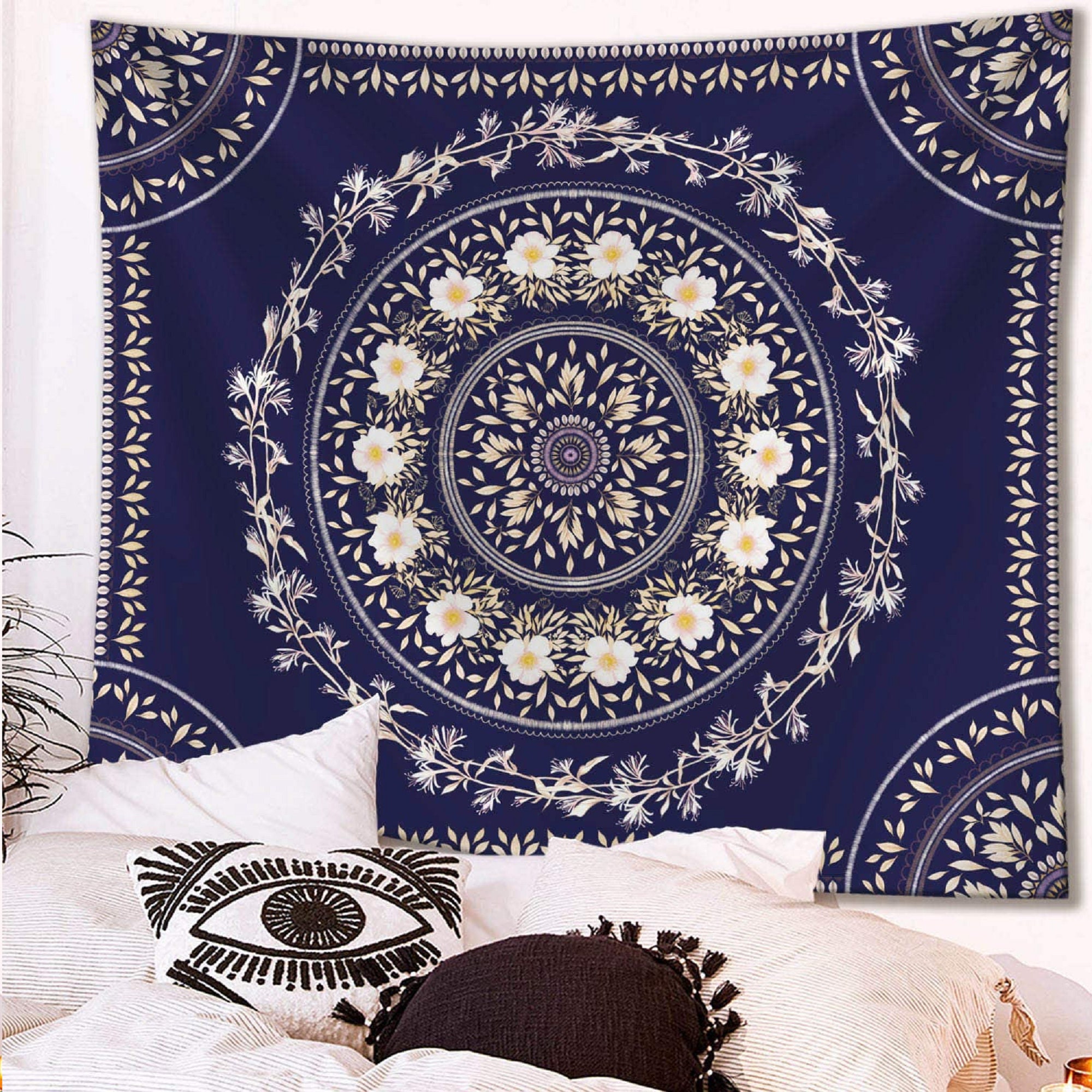 Navy Blue Bohemian Tapestry Wall Hanging Mandala Floral Etsy