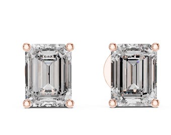 Diamond Stud Earrings 6x8mm Emerald Cut Dainty Studs • UNIQ008
