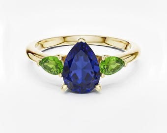 Sapphire and Peridot Custom Pear Cut Gemstone Ring, Three Stone Design