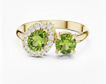 Peridot Toi et Moi Ring, Personalized Two Stone Gemstone Ring with Diamond Halo