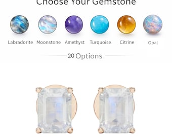 Rainbow Moonstone Stud Earrings 6x8mm Emerald Cut Dainty Studs • UNIQ008