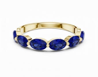 18k Gold Oval Cut Blue Sapphire Half Eternity Band