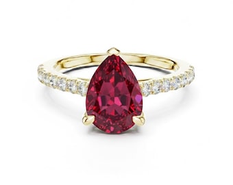 Teardrop Cut Ruby Engagement Ring 24k Gold Pave Diamond Band