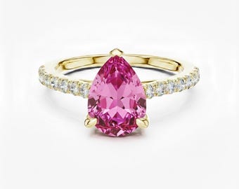 Teardrop Cut Pink Tourmaline Engagement Ring 24k Gold Pave Diamond Band