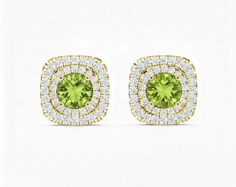 18k Gold Sterling Silver Gemstone Stud Earrings, Moissanite Side Stones