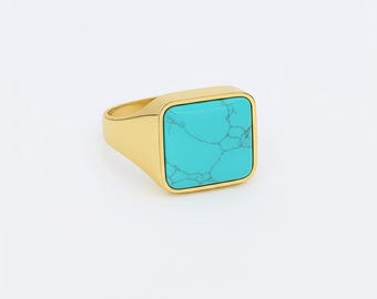 Turquoise Square Signet Ring, 24k Gold Bold Ring
