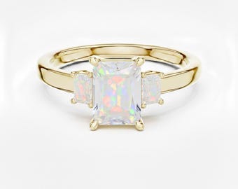 Emerald Cut Opal Three Stone Ring 24k Gold