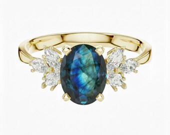 Labradorite Engagement Ring with Side Diamonds, Sterling Silver Ring, Oval Cut Ring