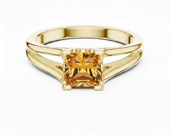 Princess Cut Citrine Engagement Ring, Split Shan Statement Ring