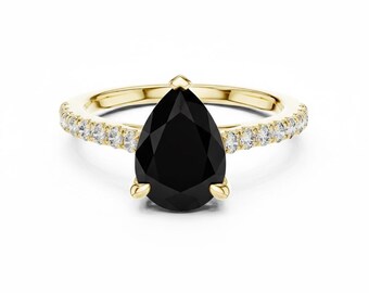 Teardrop Cut Black Onyx Engagement Ring 24k Gold Pave Diamond Band