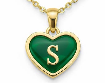 Green Onyx Gemstone Initial Heart Necklace • Personalized Alphabet Charm Pendant
