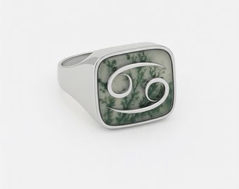 Moss Agate Zodiac Signet Ring, Sterling Silver or Gold