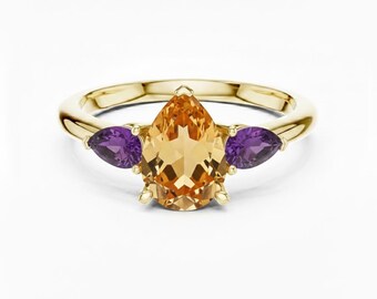 Pear Cut Citrine and Amethyst Ring, Custom Gemstone Ring