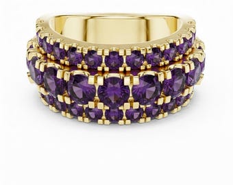 24k Gold Multi Row Amethyst Eternity Band Ring