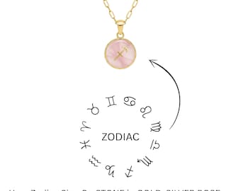 Rose Quartz Zodiac Sign Necklace • Personalized Zodiac On Gemstone Pendant