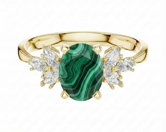 Malachite Engagement Ring with Side Diamonds, Sterling Silver Ring, Oval Cut Ring