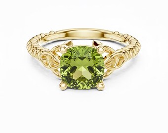 Cushion Cut Peridot Ring, Twisted Band 24K Gold Ring