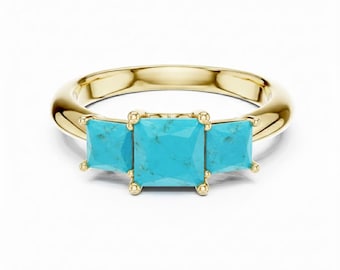 Princess Cut Turquoise Ring, Three Stone 24K Gold/Sterling Silver Band