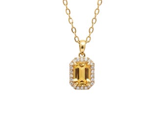 Emerald Cut Gemstone Necklace with Moissanite Halo