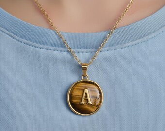 Tiger eye Initial Necklace • Personalized Alphabet Charm Pendant