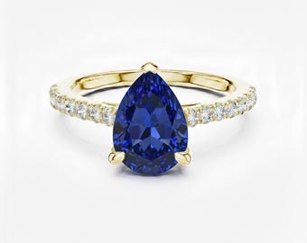 Teardrop Cut Blue Sapphire Engagement Ring 24k Gold Pave Diamond Band