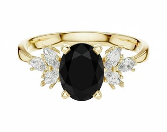 Black Onyx Engagement Ring with Side Diamonds, Sterling Silver Ring, Oval Cut Ring